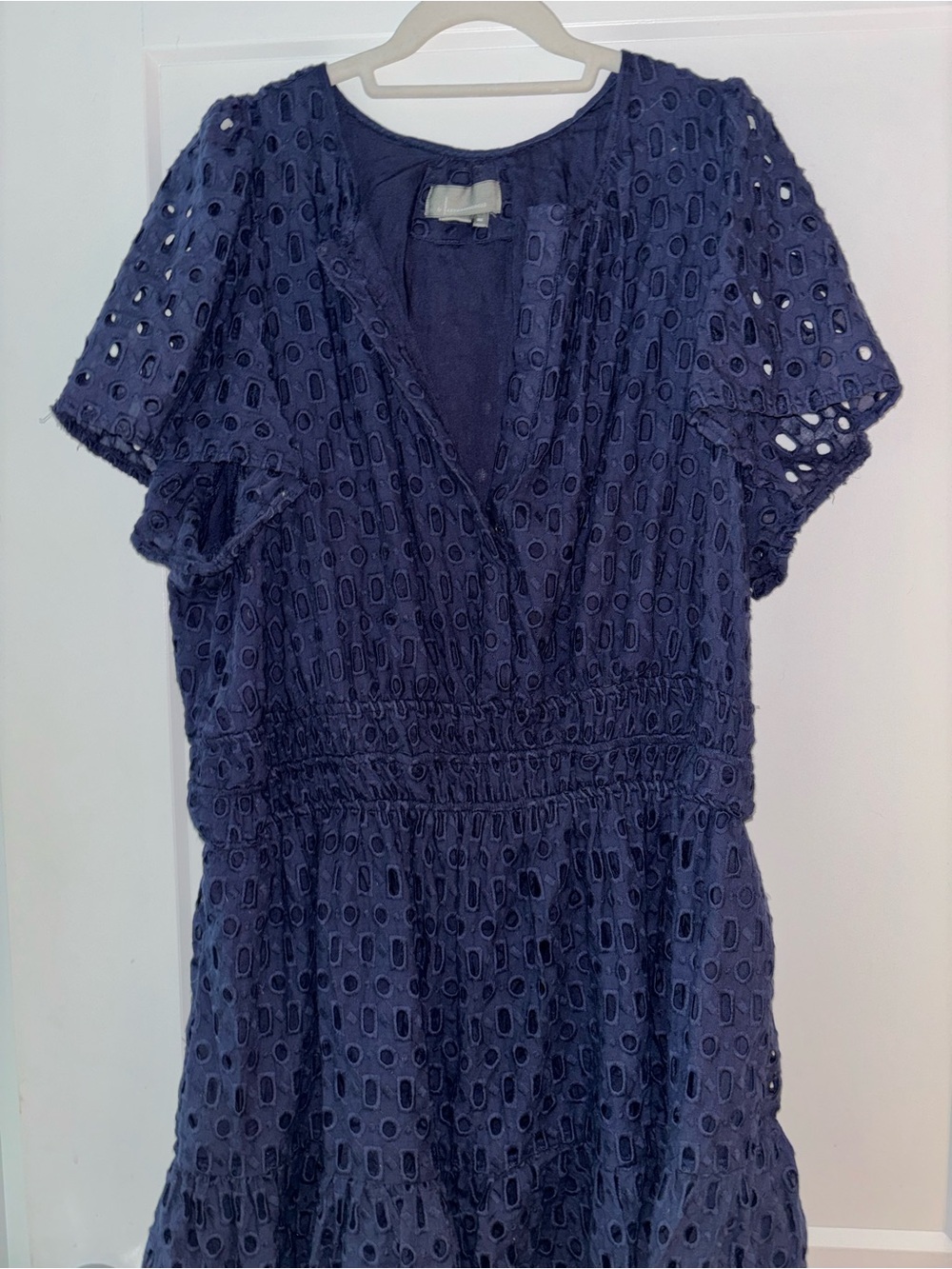 Anthropologie Navy Eyelet V-Neck Short Sleeve Dress